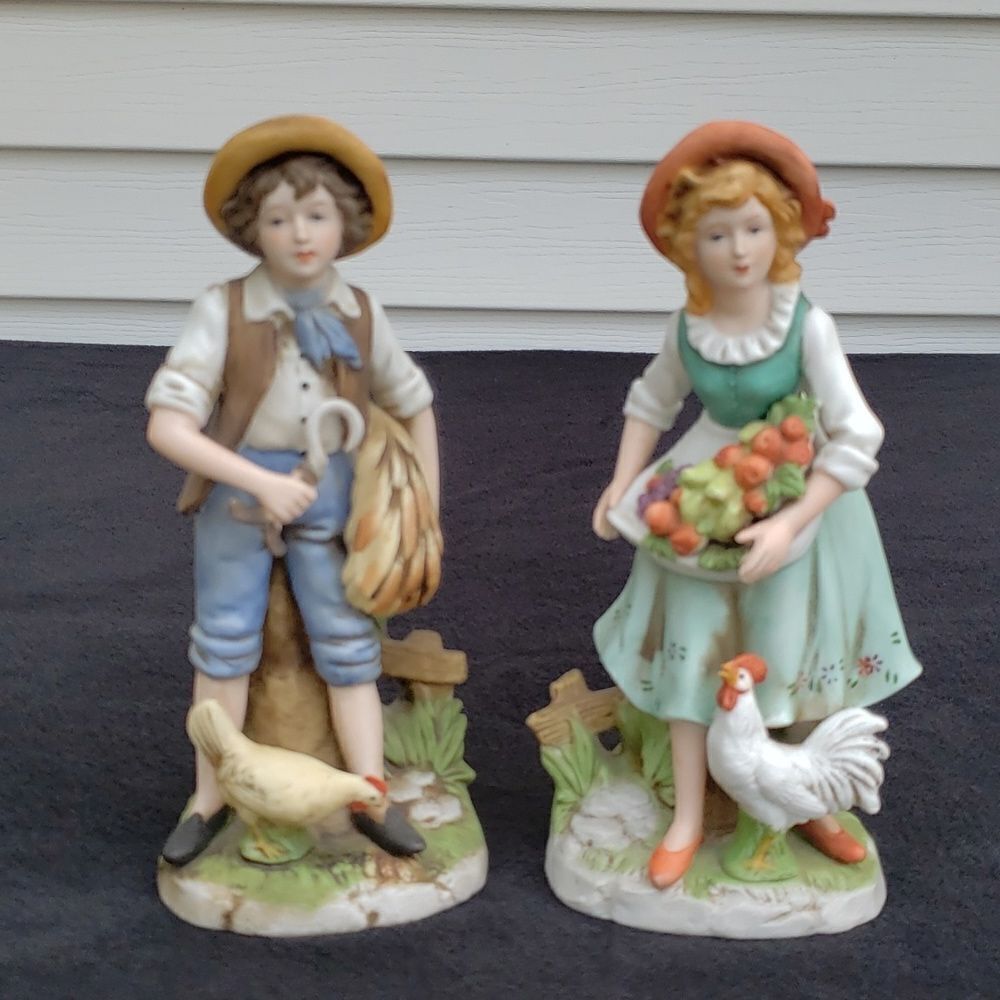Vintage Pair Homco Farm Kids Harvest Porcelain Figurines #8881